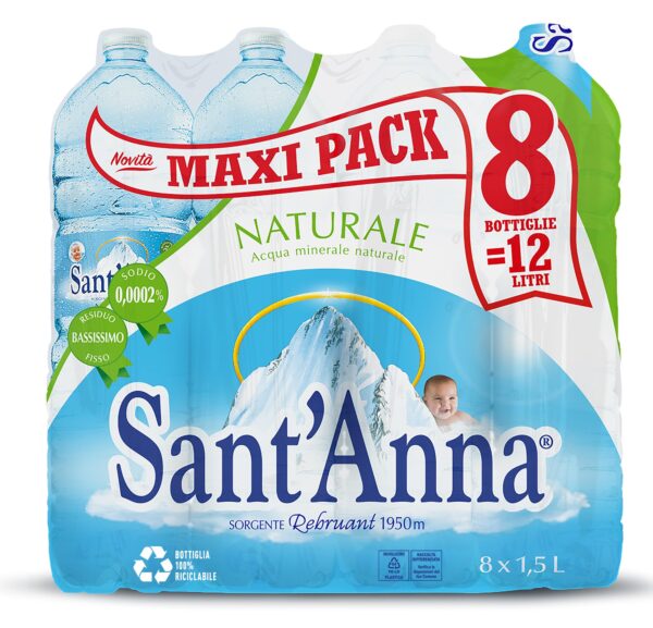S.ANNA NATURALE 1.5x8 Acqua minerale naturale oligominerale che sgorga dalla sorgente Rebruant, nel cuore delle Alpi di Vinadio (CN), a 1.950 metri di altitudine. Caratterizzata da un basso residuo fisso e da un ridotto contenuto di sodio, è leggera, microbiologicamente pura e indicata per il consumo quotidiano e per le diete povere di sodio. Adatta anche alla preparazione degli alimenti per neonati. Confezione pratica da 8 bottiglie da 1,5 litri, ideale per la famiglia e per la scorta domestica.